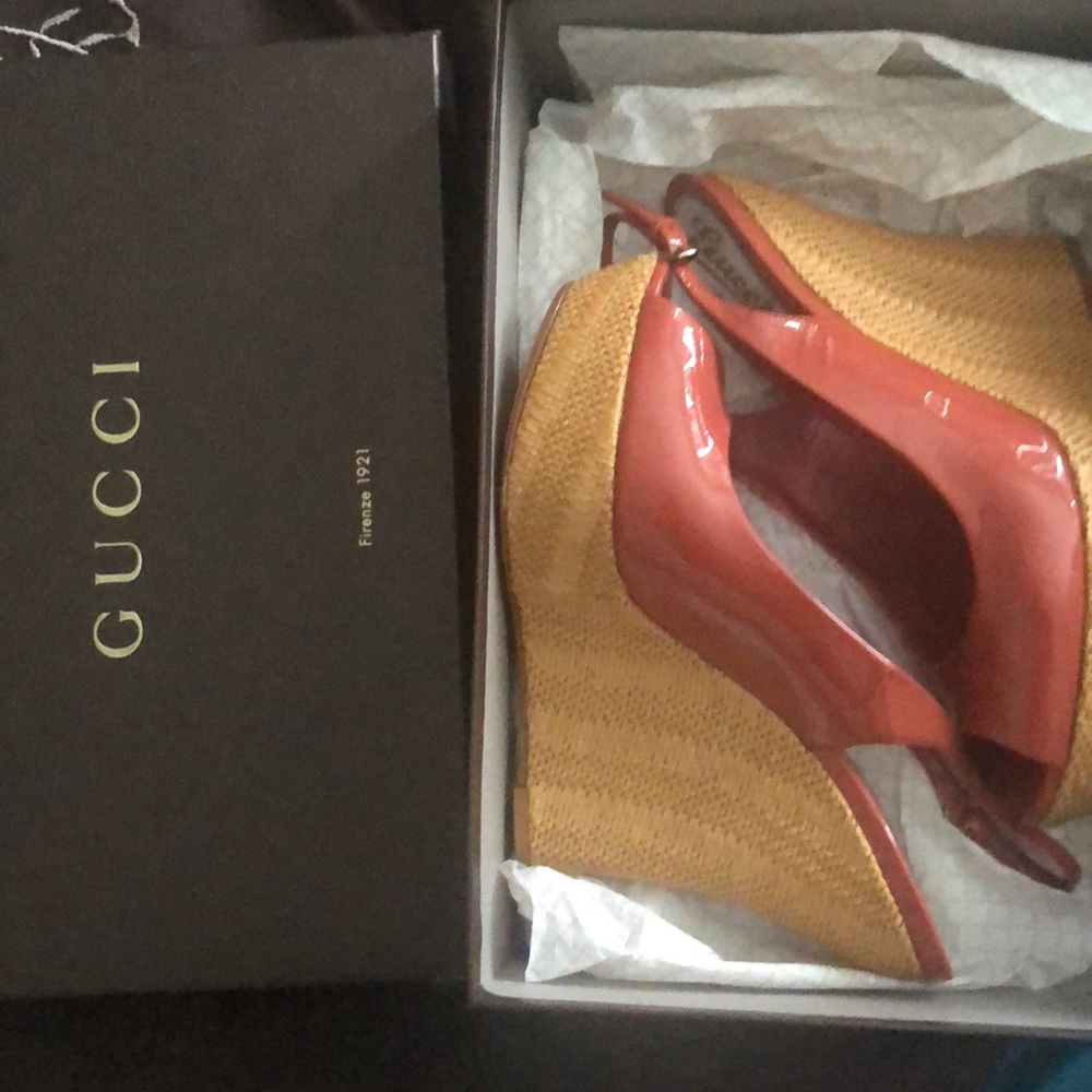 Gucci  slingback wedges. Color is  a dark coral